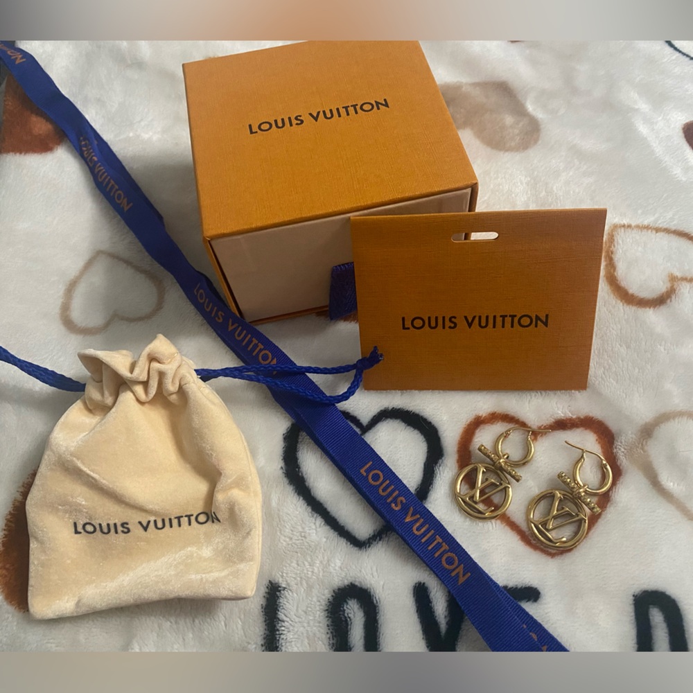 Louis Vuitton Gold-Tone LV Circle Drop Earrings with Signature Packaging